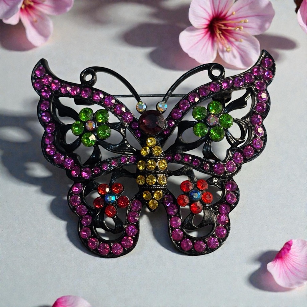 Vintage Rhinestone Butterfly Brooch Pin Floral Black Gun Metal Japanned Finish
